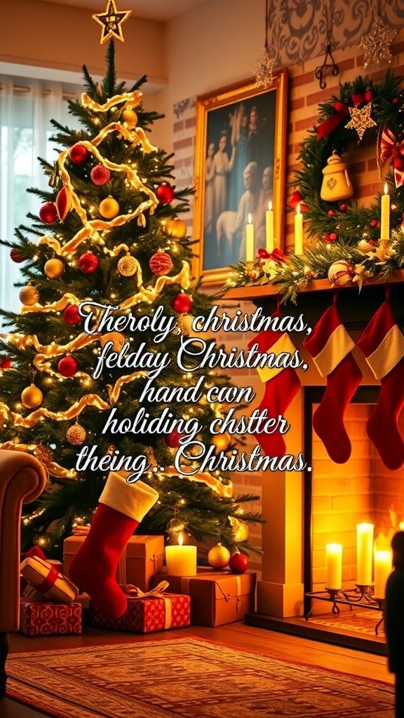 A decorated Christmas tree in a cozy living room with stockings and candles, featuring a heartwarming quote overlay.